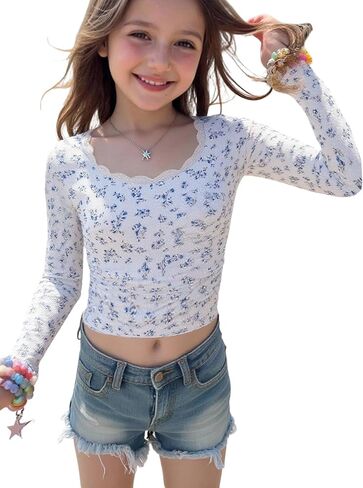 OYOANGLE Girl's Floral Long Sleeve Ribbed Tshirts Lace Trim Crew Neck Ruched Crop Top Fall Clothes in Saudi Arabia