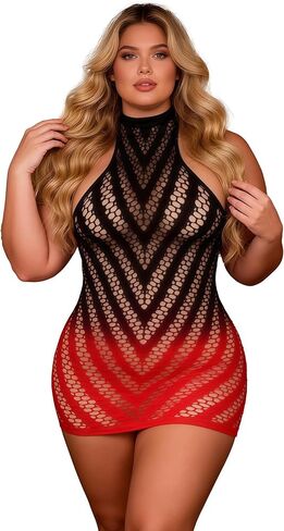 ohyeah Plus Size Fishnet Mini Dress XS-2XL Halter Backless Sexy Fishnet Lingerie Cover Up Stretch See Through Chemise in Saudi Arabia