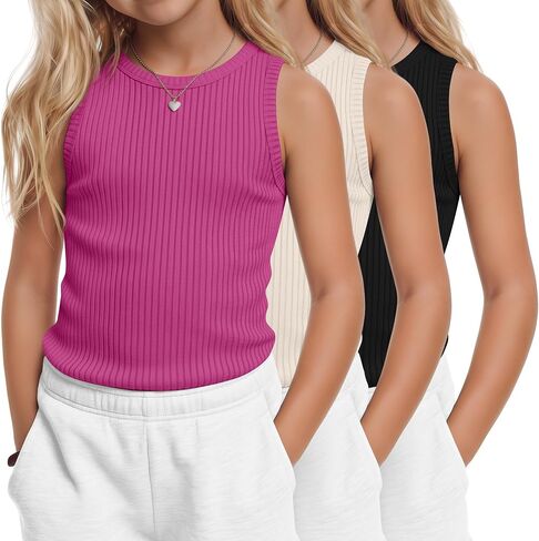 مجموعة من 3 قمصان داخلية مضلعة للفتيات بدون أكمام ورقبة دائرية وقمصان غير رسمية قابلة للتمدد مقاس 5-14 سنة in Kuwait