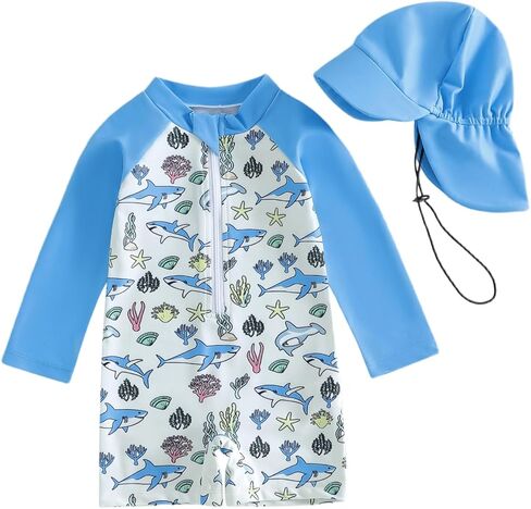 Biayxms Toddler Baby Boy Swimsuit Rash Guard Zip Up One Piece Bathing Suit with Hat Long Sleeve Beach Infant Swimwear Sunsuit in Saudi Arabia