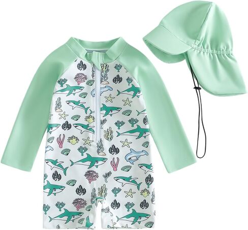 Biayxms Toddler Baby Boy Swimsuit Rash Guard Zip Up One Piece Bathing Suit with Hat Long Sleeve Beach Infant Swimwear Sunsuit in Saudi Arabia