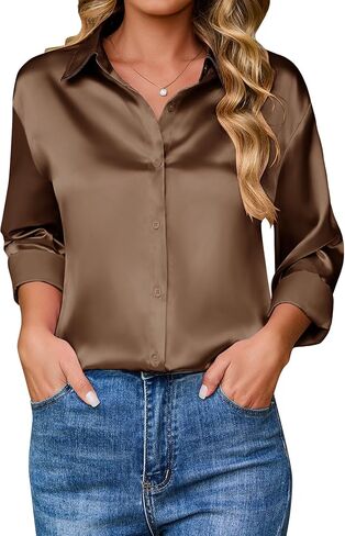 Satin Silk Blouse for Women Button Down Shirt Dressy Long Sleeve Tops Casual Spring Clothes in Saudi Arabia