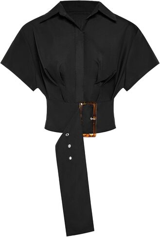 OYOANGLE Women's Button Down Pleated Shirts Stand Collar Short Sleeve Cropped Tops Dressy Casual Blouses in Saudi Arabia