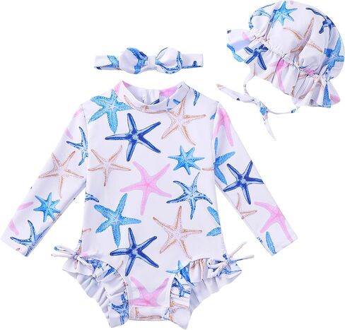 Renotemy Baby Girls Swimsuit Drawstring Zip Bathing Suit Long Sleeve One-Piece Rash Guard Swimwear with Hat for Infant Girl in Saudi Arabia