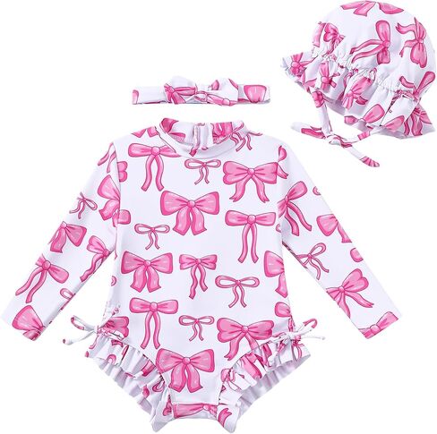Renotemy Baby Girls Swimsuit Drawstring Zip Bathing Suit Long Sleeve One-Piece Rash Guard Swimwear with Hat for Infant Girl in Saudi Arabia