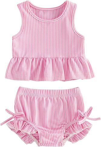 Baby Swimsuit Girl Toddler Bikini Sets Sleeveless Ruffle Striped Bathing Suit Infant Beach Swimwear in Saudi Arabia