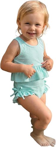 Baby Swimsuit Girl Toddler Bikini Sets Sleeveless Ruffle Striped Bathing Suit Infant Beach Swimwear in Saudi Arabia