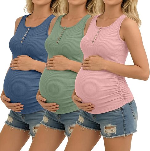 3 Pack Women's Maternity Tank Tops Ribbed Cotton Pregnancy Sleeveless Shirts Henley Side Ruched Basic Mama Clothes in Saudi Arabia