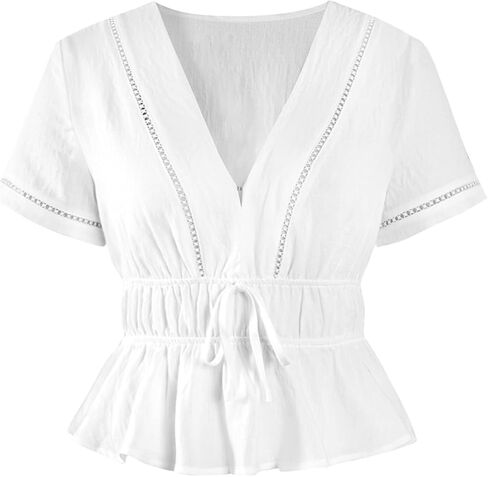 Remidoo Women's Peplum Tops Bow Tie Front Sexy V Neck Blouse Eyelet Trim Shirt in Saudi Arabia