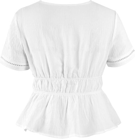 Remidoo Women's Peplum Tops Bow Tie Front Sexy V Neck Blouse Eyelet Trim Shirt in Saudi Arabia