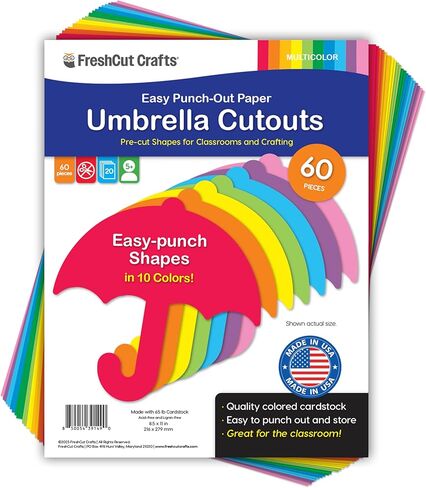 60 Pieces Umbrella Cutouts for Crafts, Bright Paper Shapes for Spring Classroom Decor, Weather Lessons, Rainy Day Projects, Bulletin Boards, Double Sided Cardstock, USA Made in Saudi Arabia