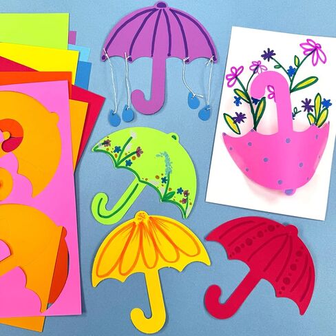 60 Pieces Umbrella Cutouts for Crafts, Bright Paper Shapes for Spring Classroom Decor, Weather Lessons, Rainy Day Projects, Bulletin Boards, Double Sided Cardstock, USA Made in Saudi Arabia