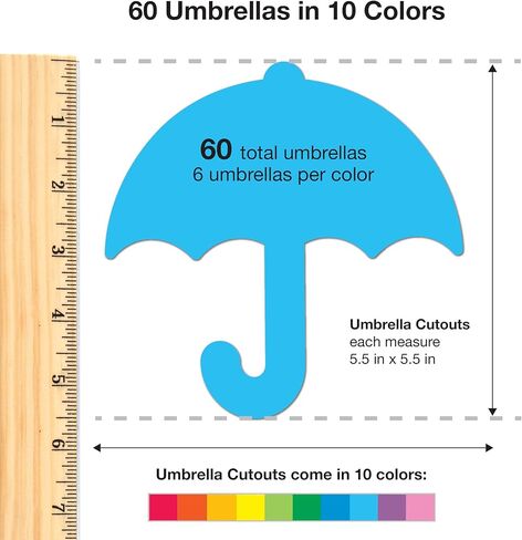 60 Pieces Umbrella Cutouts for Crafts, Bright Paper Shapes for Spring Classroom Decor, Weather Lessons, Rainy Day Projects, Bulletin Boards, Double Sided Cardstock, USA Made in Saudi Arabia