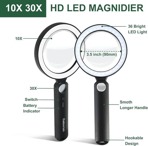 عدسة مكبرة زجاجية مع مكبر ضوئي محمول 10X 30X مع 36 مصباح LED، 5 أوضاع ألوان، مكبرات مضاءة قابلة لإعادة الشحن، هدية لكبار القراءة، العملات المعدنية، الطوابع، التفتيش (أبيض وأسود) in Kuwait