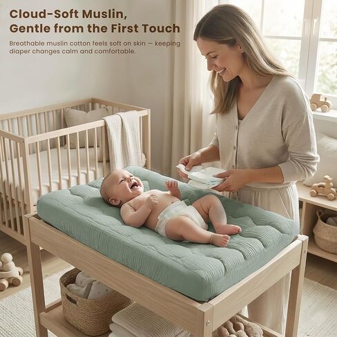Konssy Waterproof Muslin Changing Pad Cover 2 Pack, 100% Cotton Quilted Diaper Changing Table Sheets, Soft Breathable Boho Nursery Bedding for Baby, Silent & Absorbent Standard Fit (Fog Green,Cream) in Kuwait