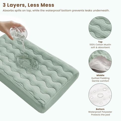 Konssy Waterproof Muslin Changing Pad Cover 2 Pack, 100% Cotton Quilted Diaper Changing Table Sheets, Soft Breathable Boho Nursery Bedding for Baby, Silent & Absorbent Standard Fit (Fog Green,Cream) in Kuwait