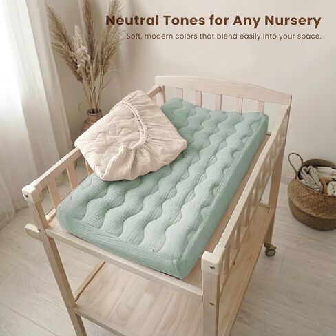 Konssy Waterproof Muslin Changing Pad Cover 2 Pack, 100% Cotton Quilted Diaper Changing Table Sheets, Soft Breathable Boho Nursery Bedding for Baby, Silent & Absorbent Standard Fit (Fog Green,Cream) in Kuwait