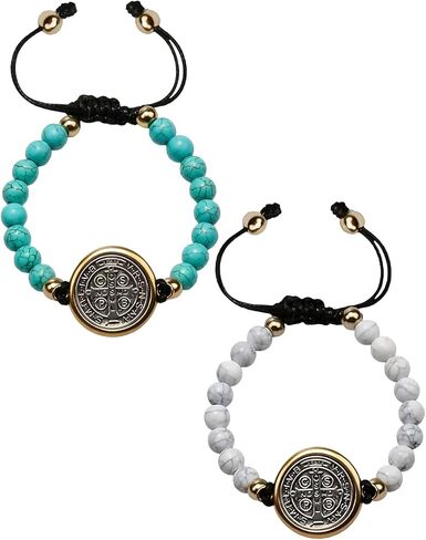 2Pcs Saint Benedict Medal Bracelets with Natural Pearls for Women Men, Saint Benedict Medal Gifts in Kuwait