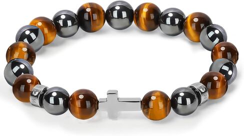 سوار متقاطع للرجال، سوار خرز مسيحي مرن قابل للتعديل، حجر طبيعي 10 مم، هدية للذكرى السنوية، عيد الميلاد، عيد الشكر، حجر هاوليت/خريطة/عرق أزرق/ندفة الثلج سبج/العقيق الأسود/عين النمر/الهيماتيت in Kuwait