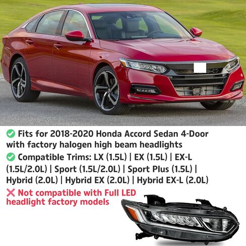 مصباح أمامي جانبي للركاب مع LED DRL مناسب لـ 2018 2019 2020 Honda Accord Sport LX EX EX-L، استبدال المصابيح الأمامية ذات الشعاع العالي الهالوجين RH الجانب الأيمن HO2503187 33100-TVA-A01 in Kuwait