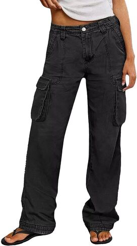 Flamingals Wide Straight Leg Cargo Pants for Women Mid Waist High Stretchy Vintage Solid Multi Flap Pocket Long Work Pants in Saudi Arabia