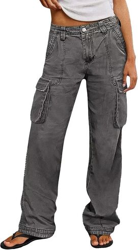 Flamingals Wide Straight Leg Cargo Pants for Women Mid Waist High Stretchy Vintage Solid Multi Flap Pocket Long Work Pants in Kuwait