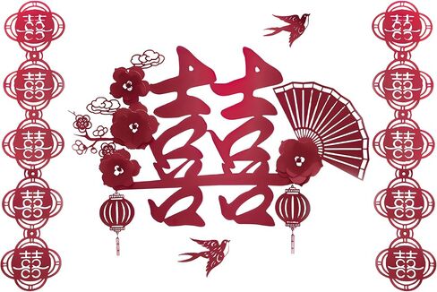 مجموعة تزيين الجدران الصينية ذات السعادة المزدوجة - مجموعة ديكور غرفة الزفاف مع لافتات العقعق والزهور، وقصاصات ورقية لغرفة النوم، أو اللوح الأمامي أو جدار الخلفية in Kuwait