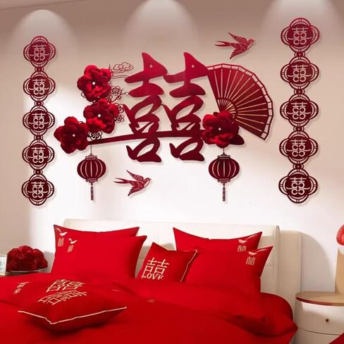 مجموعة تزيين الجدران الصينية ذات السعادة المزدوجة - مجموعة ديكور غرفة الزفاف مع لافتات العقعق والزهور، وقصاصات ورقية لغرفة النوم، أو اللوح الأمامي أو جدار الخلفية in Kuwait