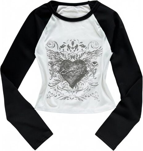 Girl's Y2K Gothic Graphic Punk T Shirts Raglan Sleeve Crew Neck Tees Rave Outfits in Saudi Arabia