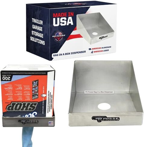 Pit Posse 474L Rag in a Box Dispenser حامل منظم رف التخزين - صنع في الولايات المتحدة الأمريكية - مرآب مناشف ورقية مغلق لمقطورة السباق مساحة عمل من الألومنيوم - حجم كبير - صندوق بحجم 350 قطعة (فضي) in Saudi Arabia