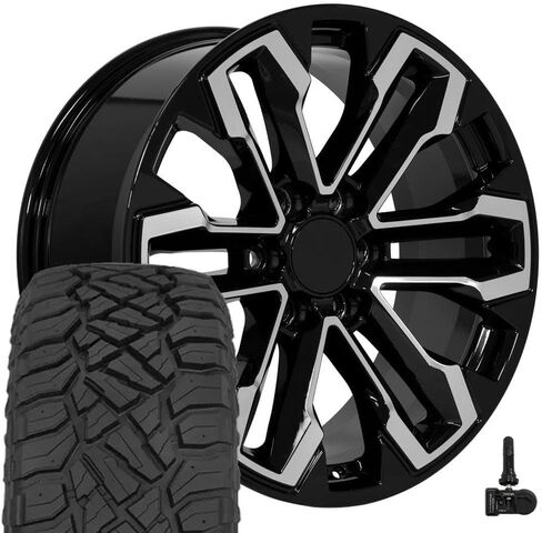 إطارات وإطارات OE Wheels CV69 مقاس 20 بوصة تناسب Silverado 1500 Style 6x139.7 20x9 مصنعة باللون الأسود اللامع - Hollander 5905 - TerraMax RT 275/55-20 (مجموعة من 4) in Saudi Arabia