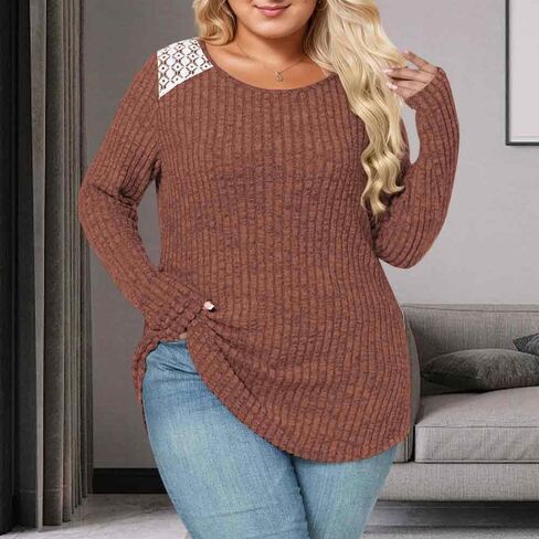Womens Plus Size Tops Winter Cozy Ribbed Knit Sweaters Trendy Lace Crewneck T-Shirts XL-5XL in Saudi Arabia