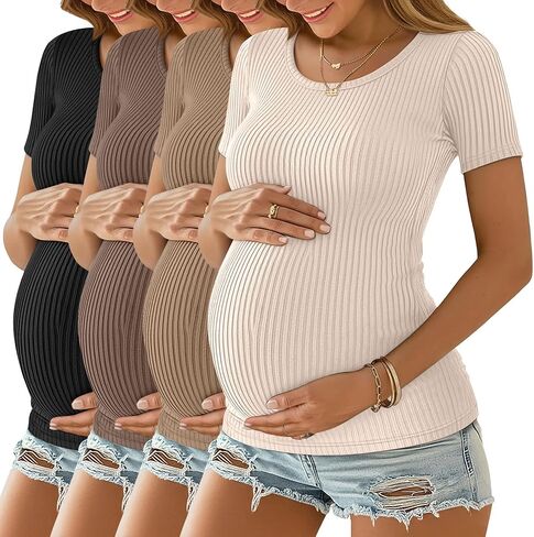 4 Pack Women's Maternity Shirts Ribbed Knit Maternity Tops Short Sleeve Crew Neck Summer Basic Pregnancy Clothes in Saudi Arabia