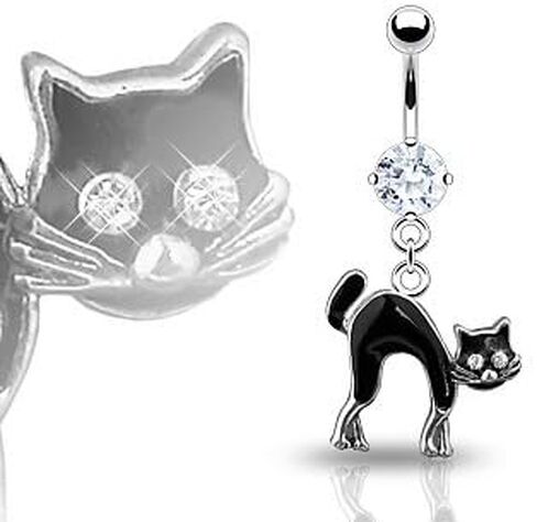 Black Cat Dangle Belly Button Navel Ring with Rhinestone Eyes in Saudi Arabia