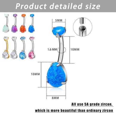 Gold Belly Button Ring G23 Titanium Hypoallergenic 14G belly ring for Women Men Teardrop Navel Piercing Jewelry 10mm Barbell, With 5A Grade Cubic Zircon in Saudi Arabia