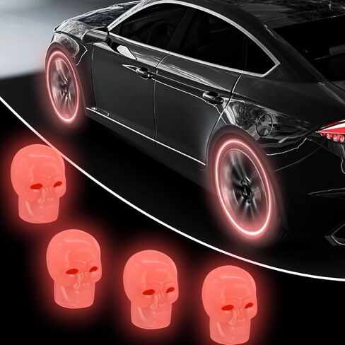 4PCS Skull Luminous Car Tire Valve Stem Caps, Fluorescent Corrosion Resistant Tire Air Cap, Glow in The Dark Tire Valve Caps, Wheel Pressure Cap for Cars, Bikes, Trucks, Motorcycles (Red) in Saudi Arabia