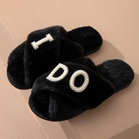 Women's Bride Slippers I Do Plush Furry White Open Toe Cozy Bridal Party Bachelorette Wedding House Shoes in Saudi Arabia