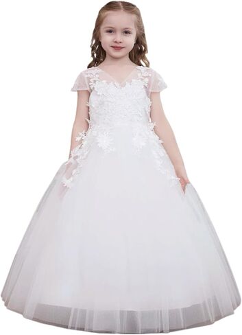 فستان رسمي للفتيات من ABAO SISTER مصنوع من الدانتيل الأبيض مزين بالزهور من التول ورقبة على شكل حرف V in Kuwait