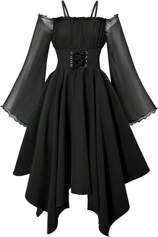 GORGLITTER Girl's Dress Fall Y2K Off Shoulder Mesh Long Sleeve Lace Up Gothic A Line Party Birthday Prom Short Dresses in Saudi Arabia