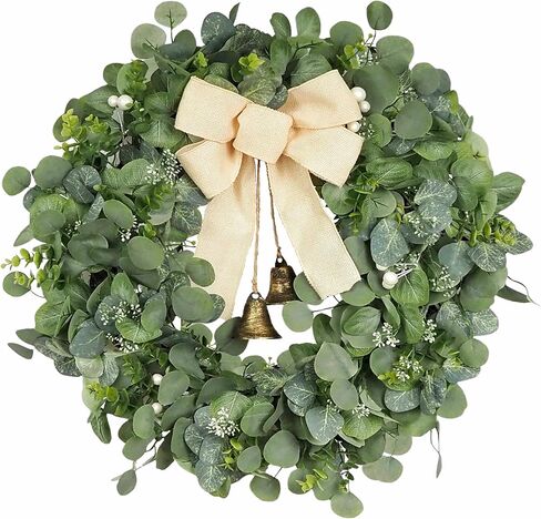 24 Inch Eucalyptus Wreath for Front Door – Modern Farmhouse Greenery with Rustic Vintage Bells & Linen Bow – Artificial Spring Summer Wreaths for Porch, Storm Door & Indoor Wall Decor in Saudi Arabia