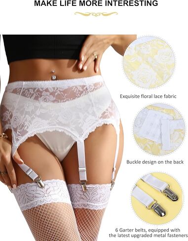 ohmydear Plus Size Floral Lace Garter Belt with 6 Metal Clips Sexy Sheer Lingerie See Through Garters for Thigh Highs XS-4XL in Saudi Arabia