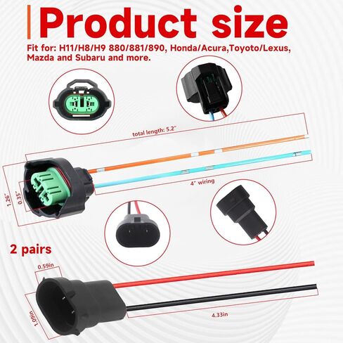 H11 H8 Pigtail Socket Wiring Harness Harness Female and Male Adapters for Headlight Fog Lights OEM w/ 4-Inch Wire, 2 Set in Kuwait