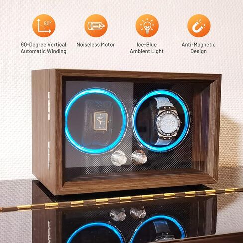 Watch Winder for 2 Watches, Black Walnut Wood, 4 Rotation Modes with LED Lighting, Ultra Silent in Saudi Arabia