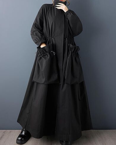 ellazhu Women's Coats Lapel Solid Long Sleeve Zip Up Plus Size Maxi Hem Side Pockets GZ696 A in Saudi Arabia