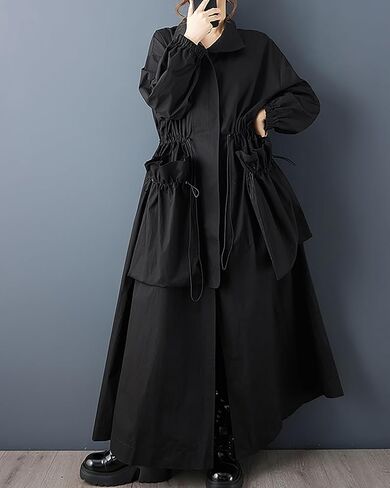 ellazhu Women's Coats Lapel Solid Long Sleeve Zip Up Plus Size Maxi Hem Side Pockets GZ696 A in Saudi Arabia