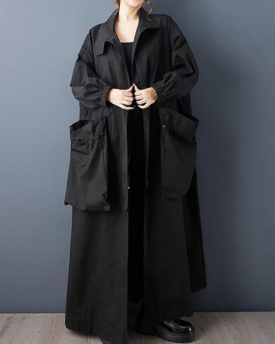 ellazhu Women's Coats Lapel Solid Long Sleeve Zip Up Plus Size Maxi Hem Side Pockets GZ696 A in Saudi Arabia