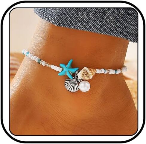 Beach Puka Shell Anklet for Women Waterproof Beaded Ankle Bracelets Adjustable Starfish Seashell Pearl Foot Chain Boho Jewerly Present for Summer Beach Party (White) in Kuwait