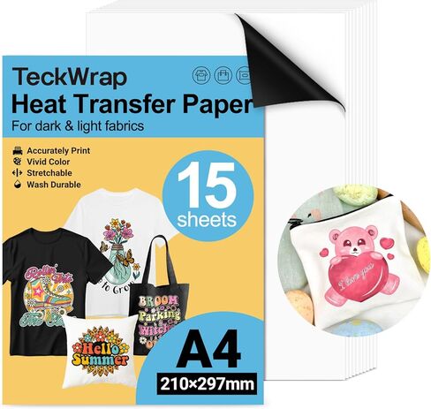 TECKWRAP Printable Heat Transfer Paper for T-Shirts 15 Sheets, 8.3" X 11.7" Printable Heat Transfer Vinyl for Inkjet Printer, Iron on Transfer Paper for Light and Dark Fabric (Matte White) in Kuwait