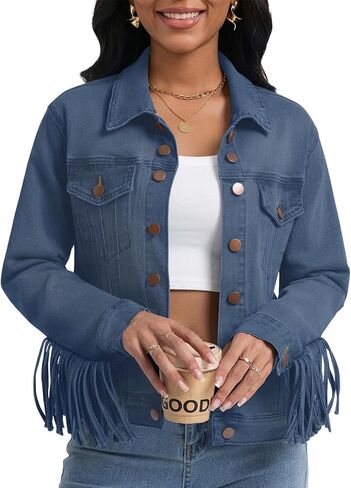 سترة AirZeal النسائية من قماش الدنيم العصرية بأكمام طويلة قابلة للتمدد وسترات جينز مغسولة عتيقة in Kuwait