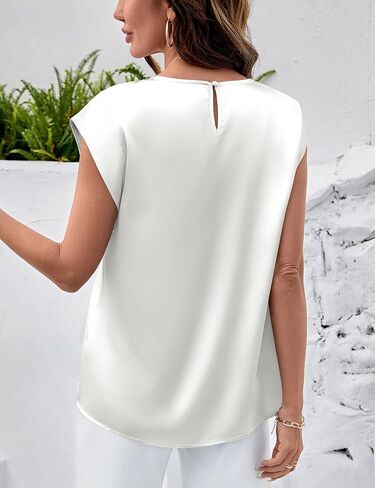 LOMON Womens Silk Satin Tops Summer Cap Sleeve Shirts Dressy Crew Neck Tank Tops Loose Business Casual Blouse in Saudi Arabia